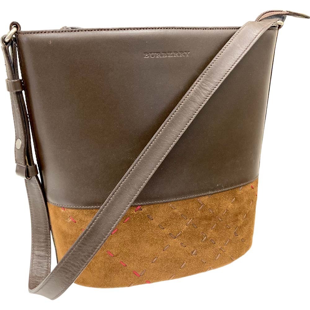 Burberry Shoulder Bag Brown Leather Suede Check Stitching - Picture 1 of 9